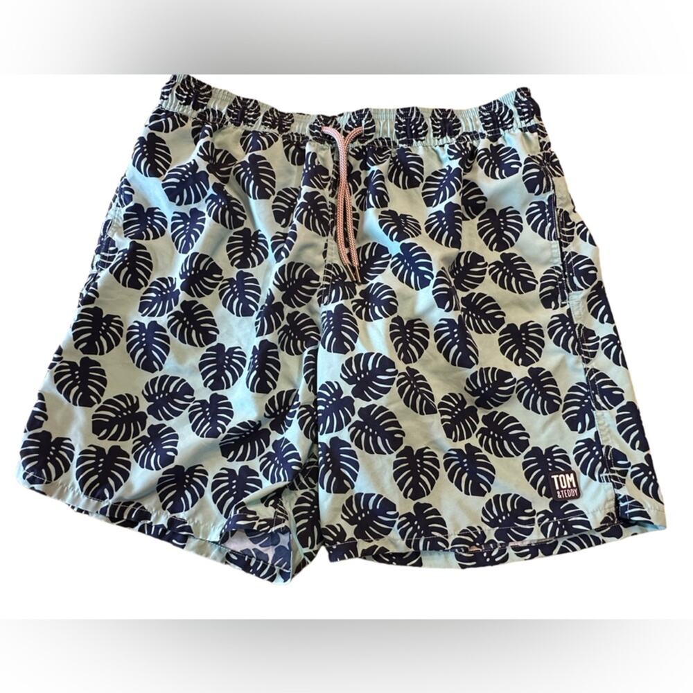 Tom & Teddy Mens Size Large Swim Trunks in Aqua with Navy Tropical Leaf